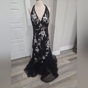 BICICI WOMEN'S SILK BLACK EMBROIDERED HALTER MERMAID GOWN SUZE XL